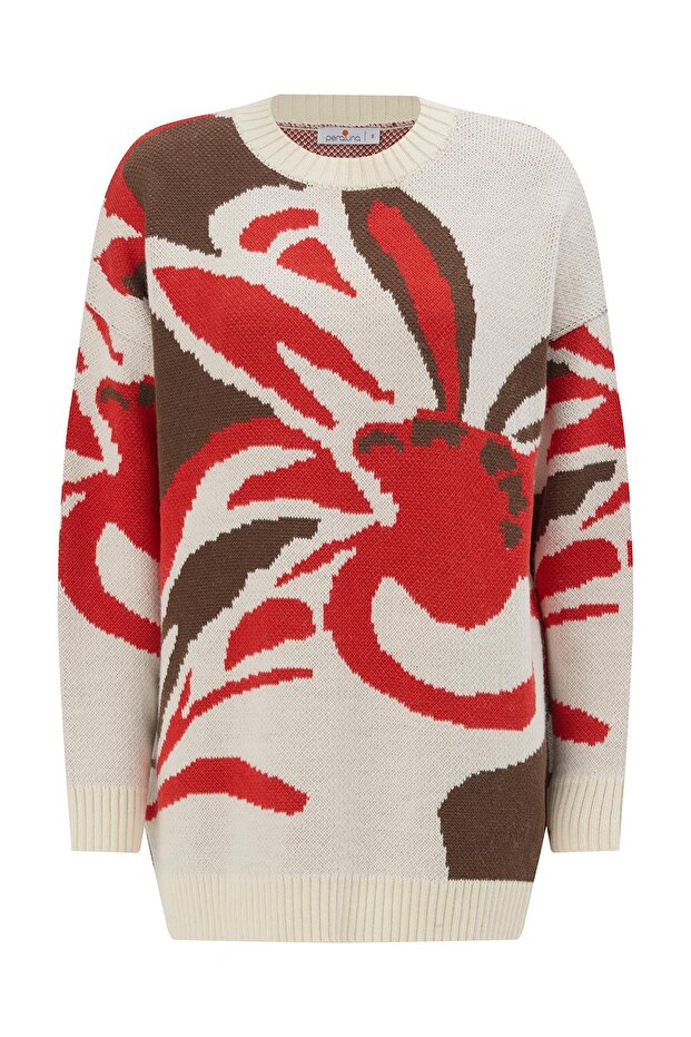 Polına Pullover Çiçek Desenli Uzun Kadın Triko Kazak - Ekru Multi - 7