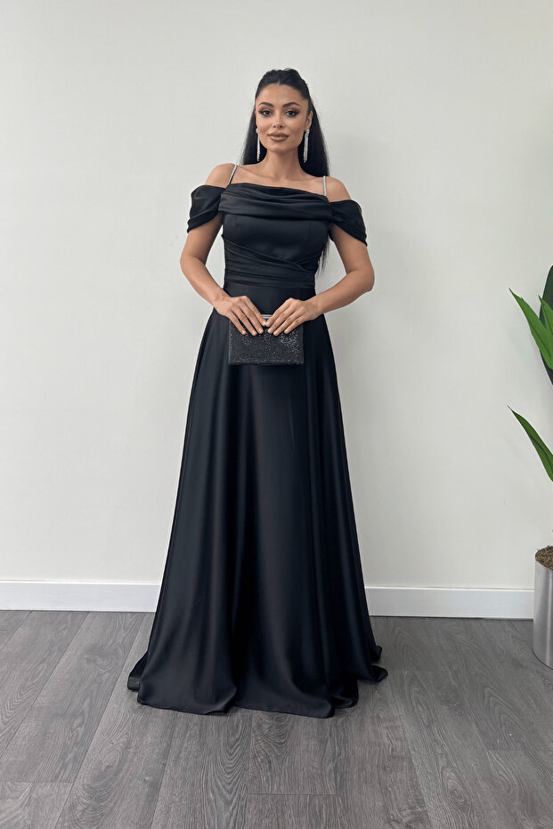 Satin Fabric Gathered Strap Evening Dress - Black