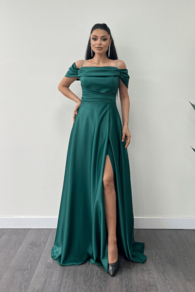 Ruched Satin Fabric Strappy Evening Dress - EMERALD GREEN