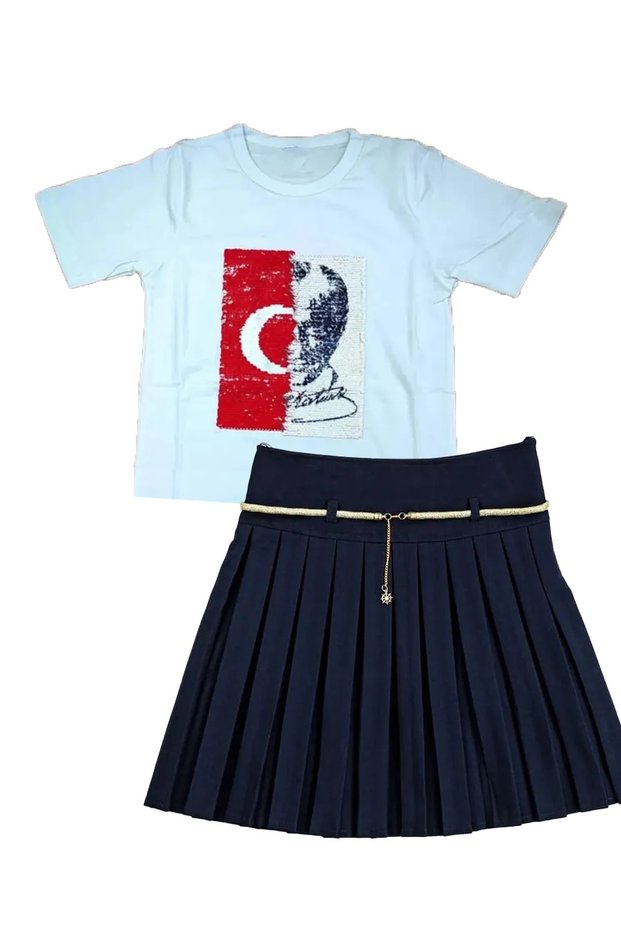 Girl's Revolving Sequin Sequin Ataturk T-Shirt Black Pleated Skirt 29 October 10 November 23 April