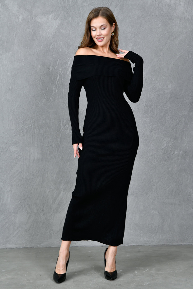 Madonna Collar Long Sleeve Slit Detailed Midi Length Black Knitwear Dress 1170