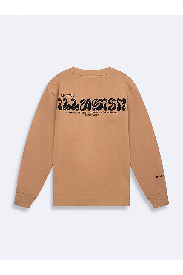 Sloganlı Sıfır Yaka Uzun Kollu Regular Fit Camel Sweatshırt - 2