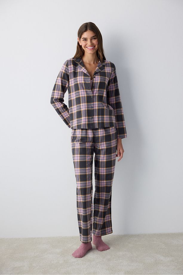 Pamuklu Halie Checked Antrasit Gömlek Pantolon Pijama Takımı - 1