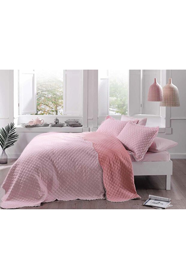 Genç Modası Çift Taraflı Yatak Örtüsü Seti Tek Kişilik Muse Pudra-Pembe - 1