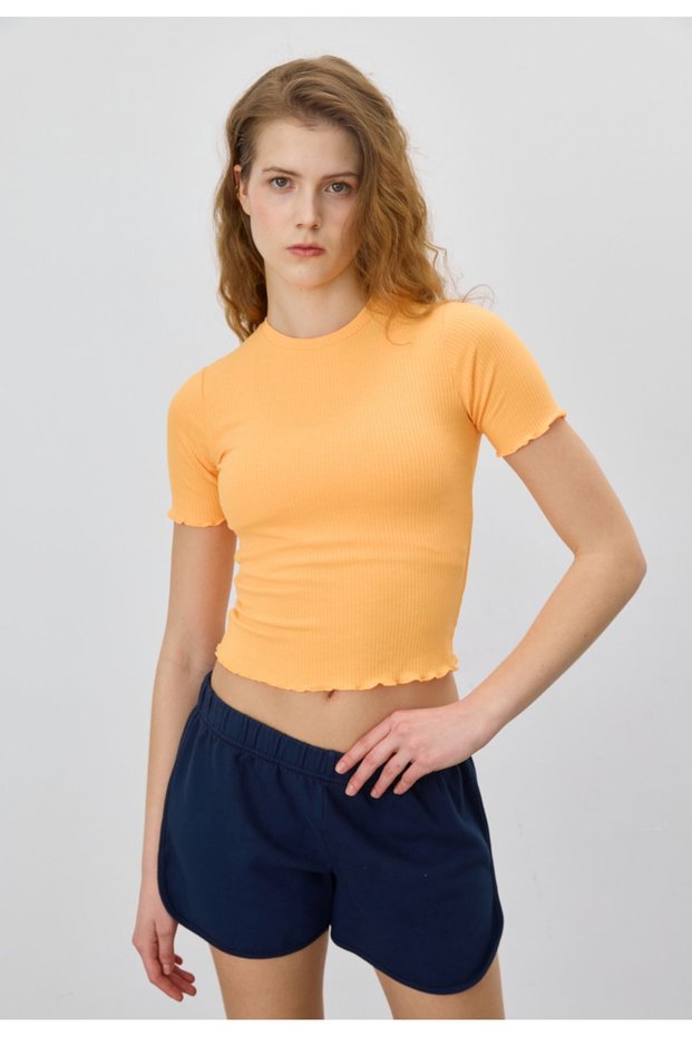 Women's Orange Color Ruffle Short Sleeve T-Shirt