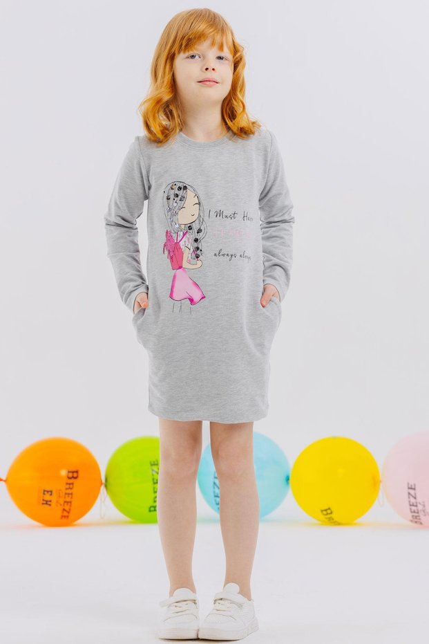 Girl's Tunic Happy Girl Printed Sequined 3-7 Years Old, Gray Melange
