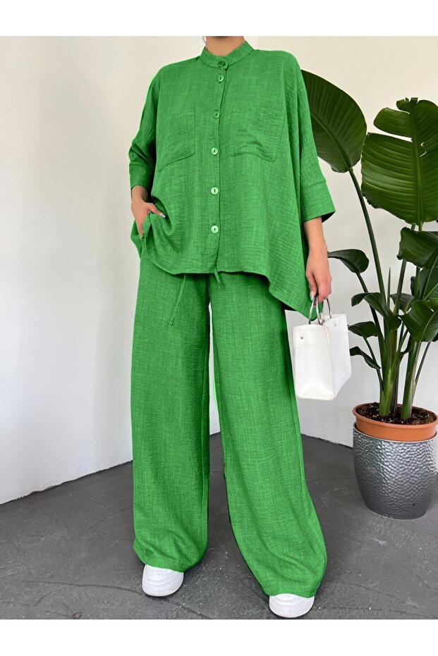 Double Pocket Half Bat Sleeve Casual Shirt Set - Green