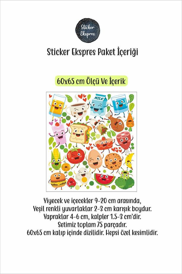 Sevimli Yiyecekler Yiyecek Anaokulu Kreş Okul Yemekhane Mutfak Duvar Kapı Cam Sticker Seti - 3