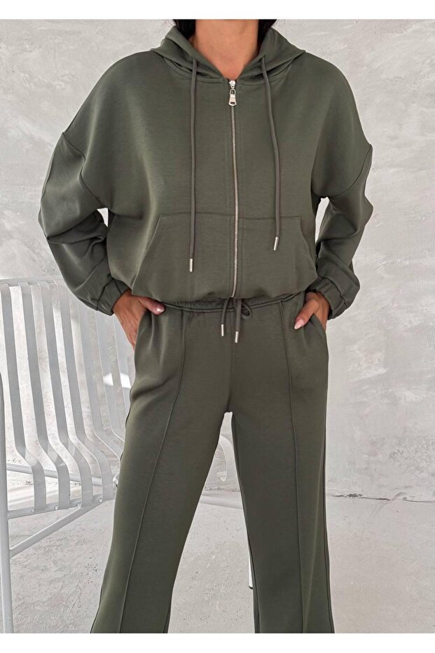 Modal Kumaş Fermuarlı Önü Çımalı Kapüşonlu Takım - 4