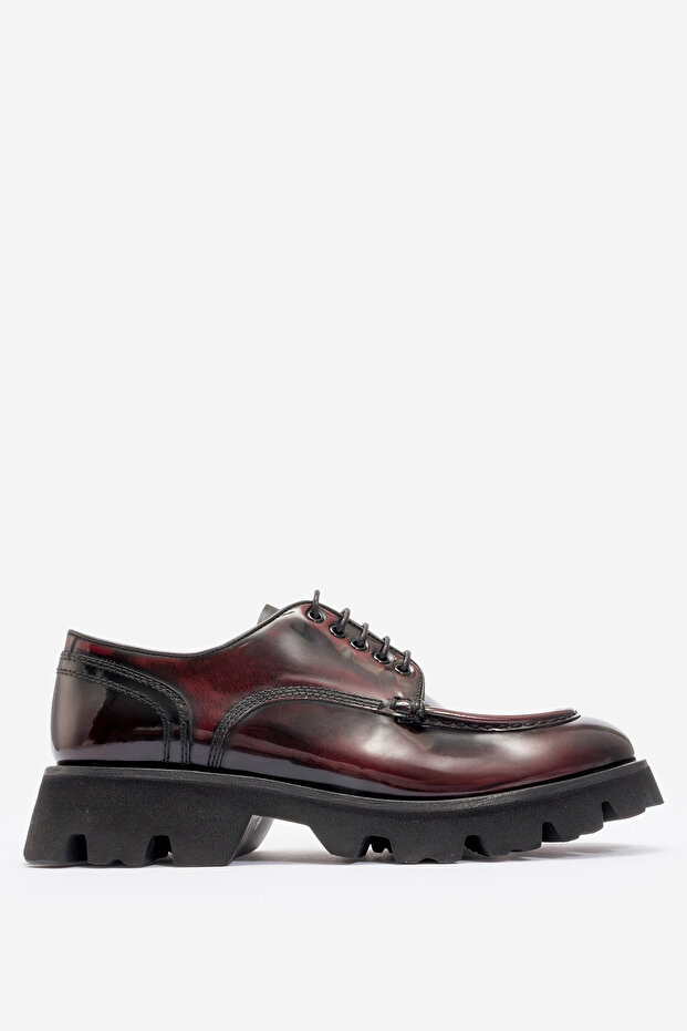 Men's Thick Sole Lace-Up Casual Shoes Real Patent Leather Mc 20277 Claret Red/Black