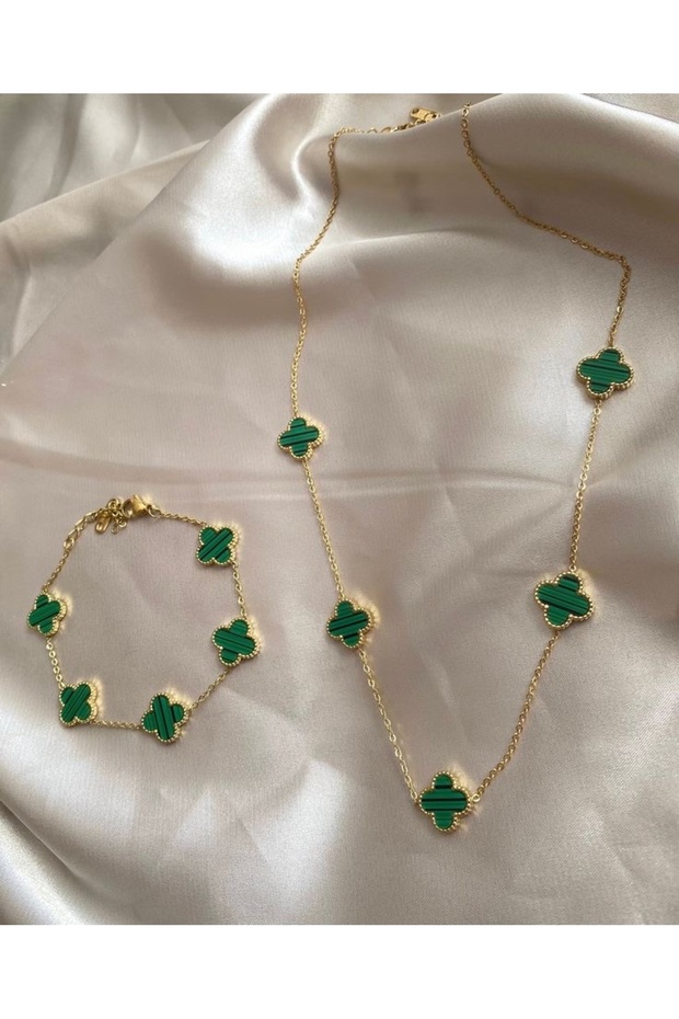 Green Gold Clover Model Necklace Bracelet Set (Clover Model Green Necklace Bracelet Set)