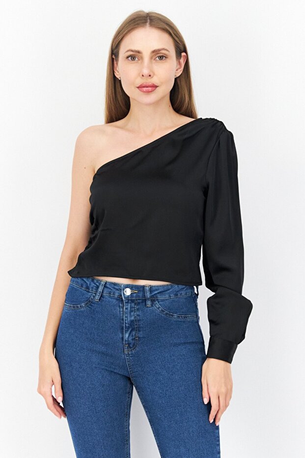Women Asymmetrical Neckline One Shoulder Solid Top, Black - 1