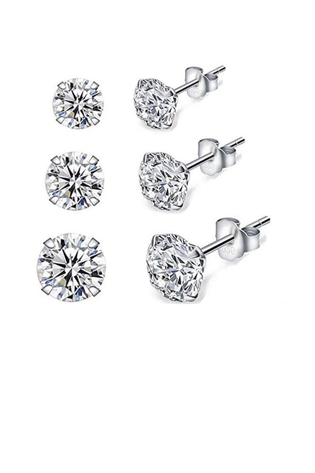 Silver Unisex 3 Çift Set 3/4/6 Mm Tek Taş Beckham Zirkon Taşlı Yuvarlak Gümüş Küpe Seti Omr9282 - 1
