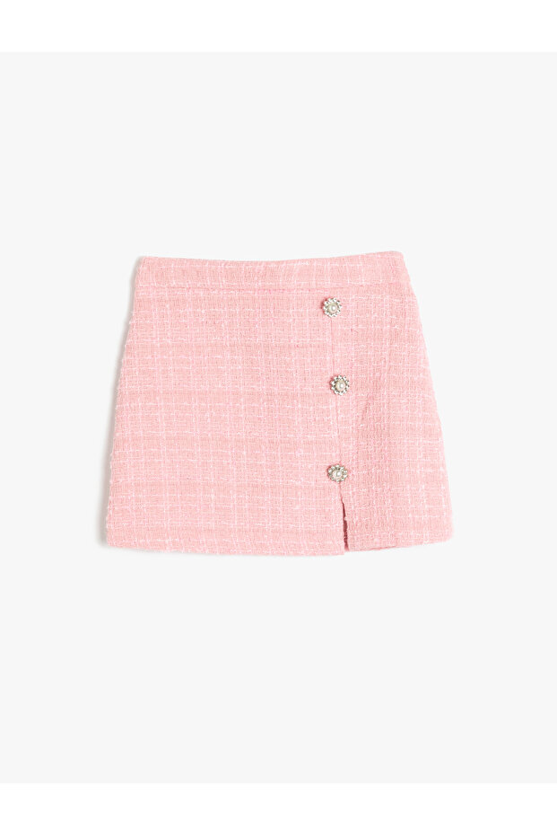 Tweed Skirt with Pearl Buttons and Slit Detail
