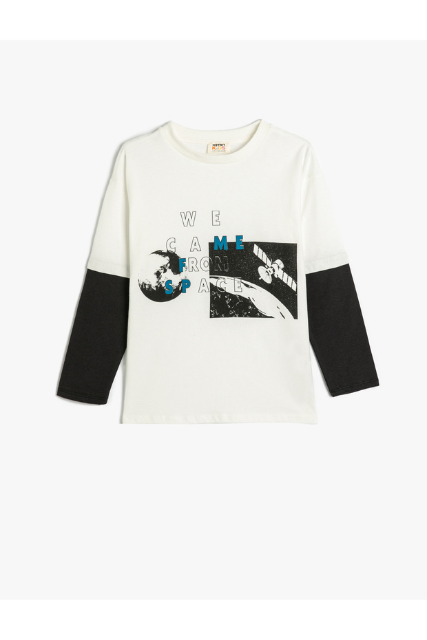 T-Shirt Long Sleeve Crew Neck Space Printed Cotton