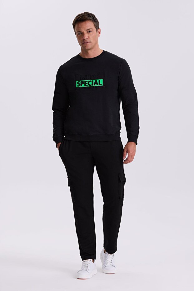 Black Slim Fit Printed Crew Neck 100% Cotton Sweatshirt