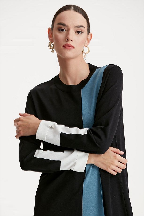 Renkli Rayon Triko Tunik Elbise Siyah - 2