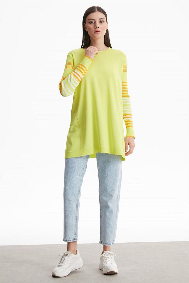 Kolları Çizgili Basic Rayon Triko Tunik Lıme - 3