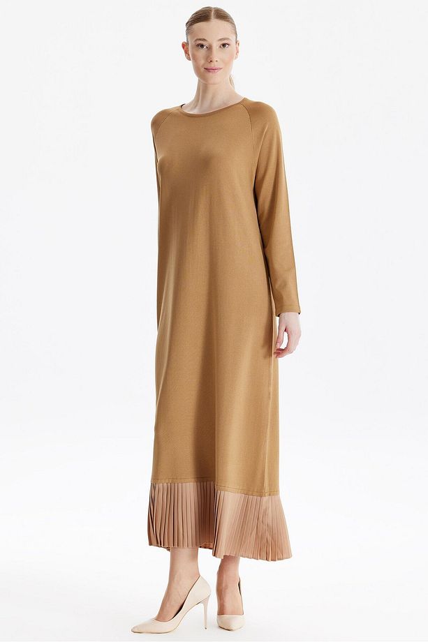 Etek Altı Piliseli Rayon Elbise CAMEL - 1