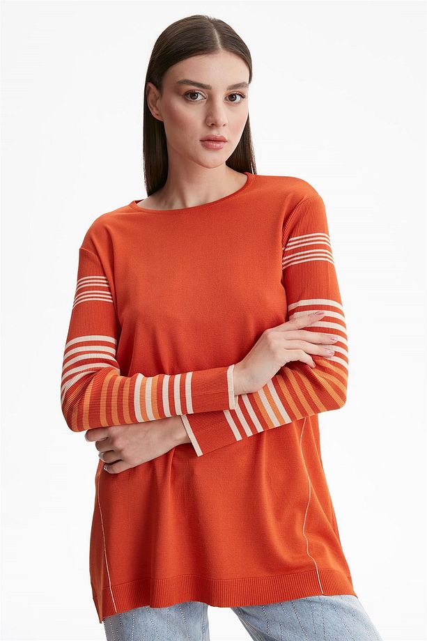 Kolları Çizgili Basic Rayon Triko Tunik Kiremit - 3