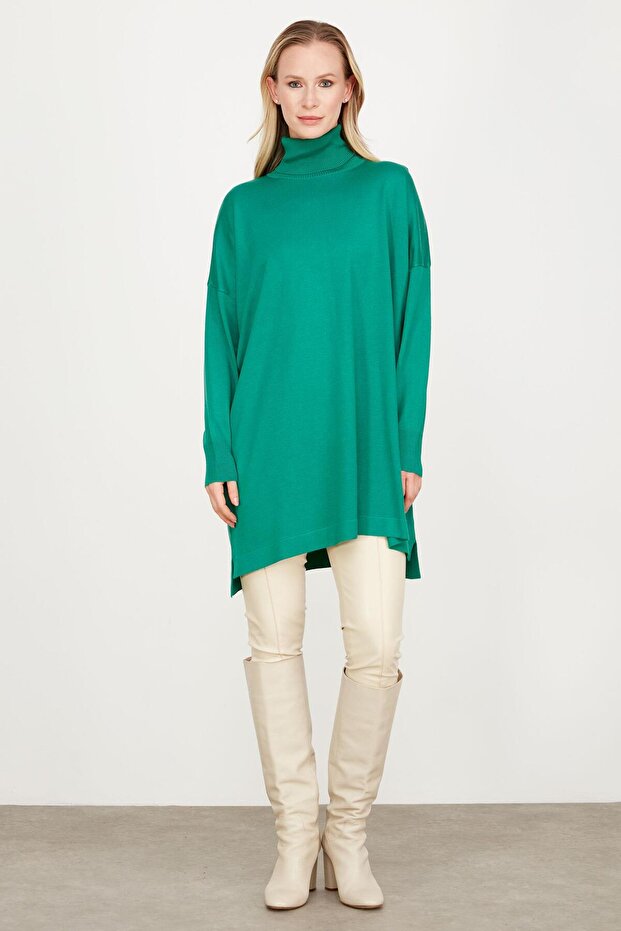 Balıkçı Yaka Oversize Basic Triko Tunik YEŞİL - 2