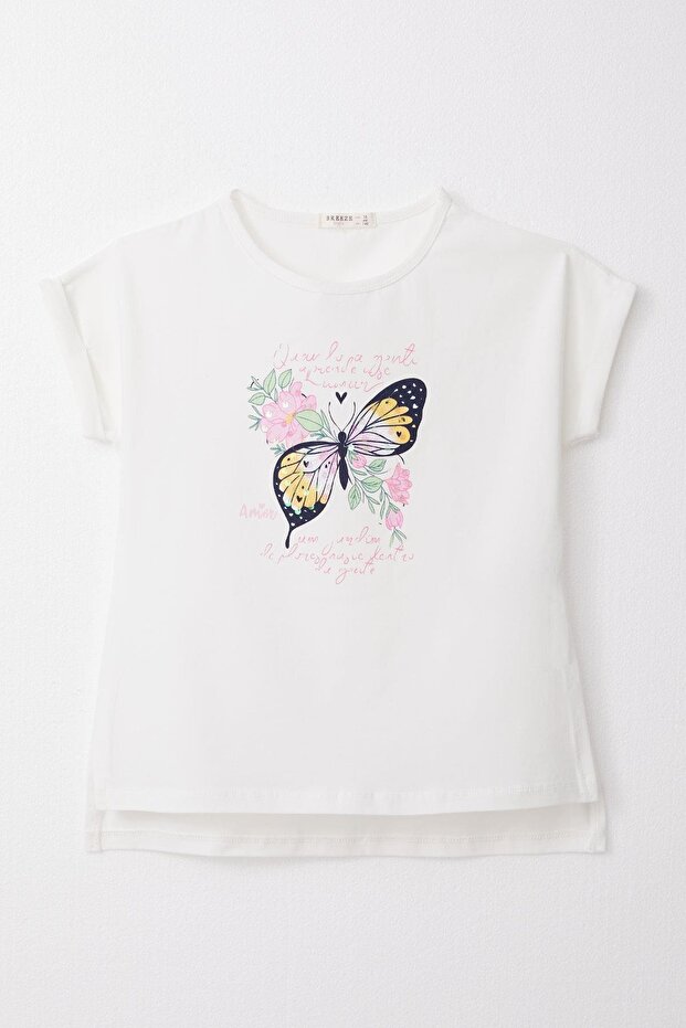 Girl's T-Shirt Butterfly Printed 10-16 Years, Ecru