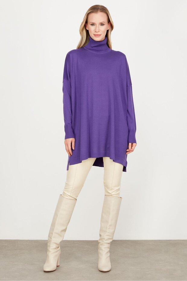 Balıkçı Yaka Oversize Basic Triko Tunik MOR - 1