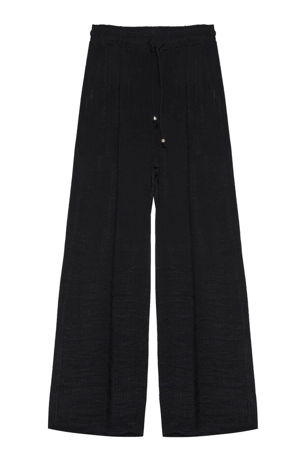 Elastic Waist Pocket Detailed Wide Leg Trousers Black