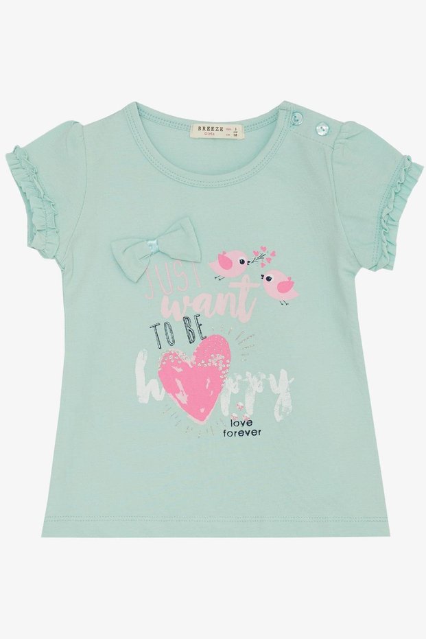 Girl's T-Shirt with Cute Bird Print and Heart, Ages 1-4, Water Green