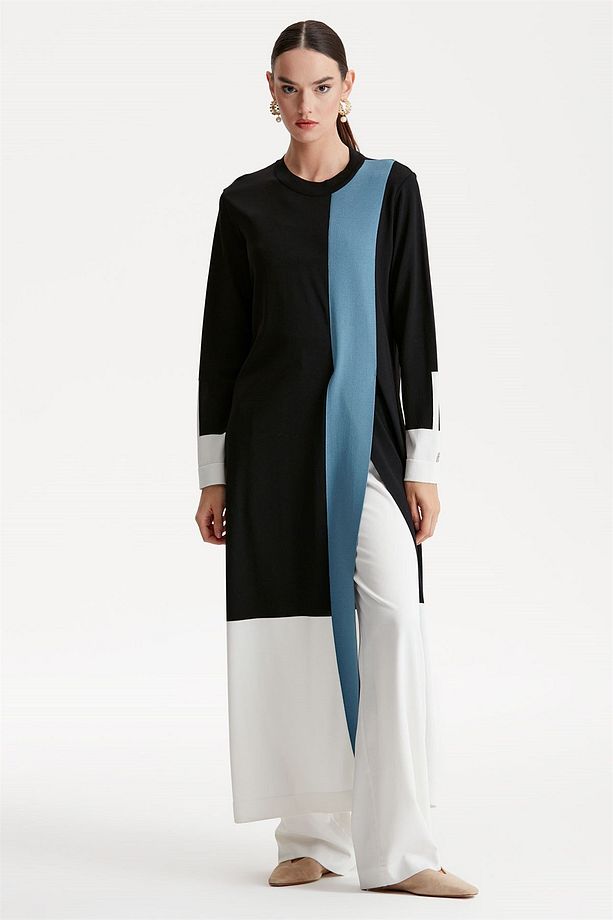 Renkli Rayon Triko Tunik Elbise Siyah - 1