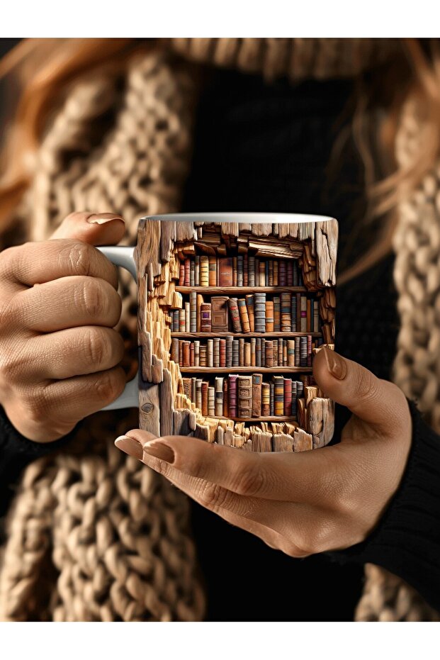 كوب سيراميك بتصميم ثلاثي الأبعاد مطبوع عليه مكتبة خزانة الكتب - كوب هدية
