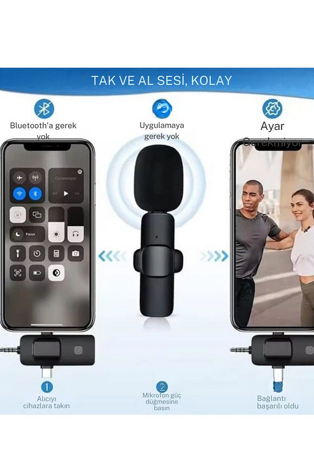 2'li Kablosuz Yaka Mikrofonu Typc /Iphone Girişli Telefon Uyumlu Wirelees Yaka Mikrofonu - 3
