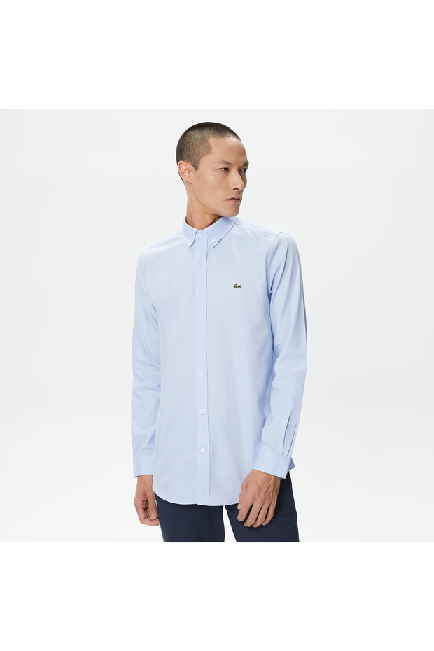 Erkek Slim Fit Düğmeli Yaka Açık Mavi Gömlek - 4
