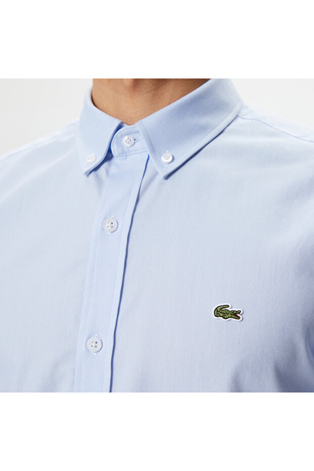 Erkek Slim Fit Düğmeli Yaka Açık Mavi Gömlek - 6