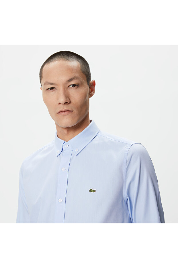 Erkek Slim Fit Düğmeli Yaka Açık Mavi Gömlek - 5