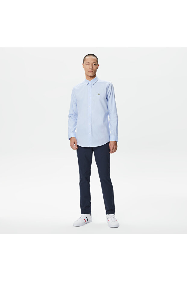 Erkek Slim Fit Düğmeli Yaka Açık Mavi Gömlek - 1