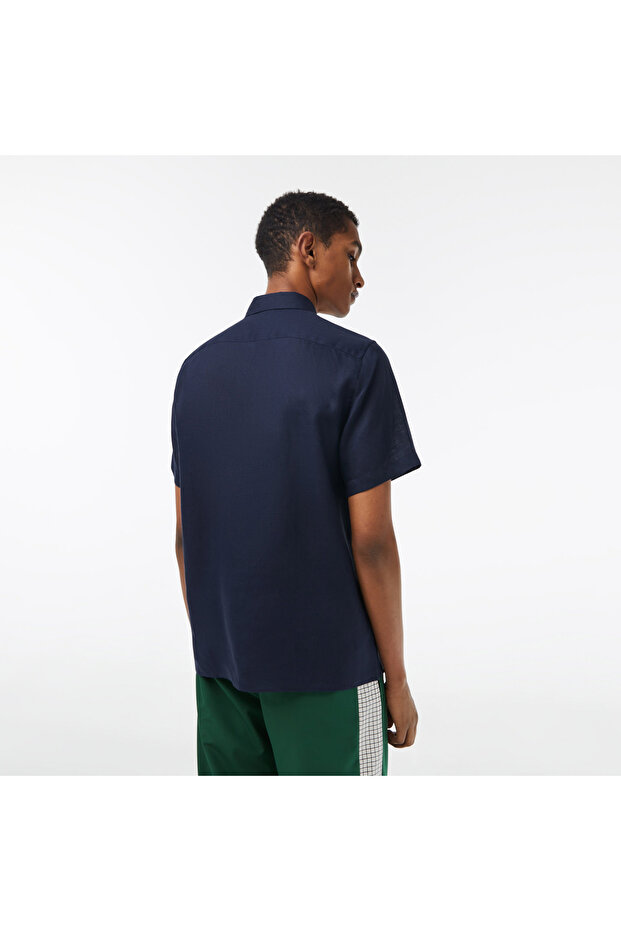 Erkek Regular Fit Kısa Kollu Düğmeli Yaka Keten Lacivert Gömlek - 3