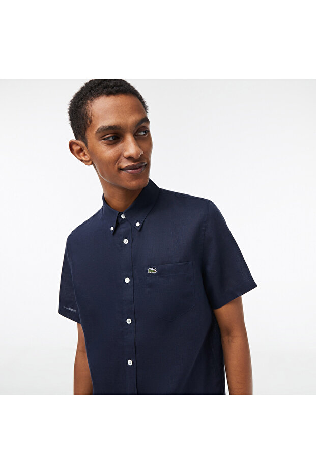 Erkek Regular Fit Kısa Kollu Düğmeli Yaka Keten Lacivert Gömlek - 2