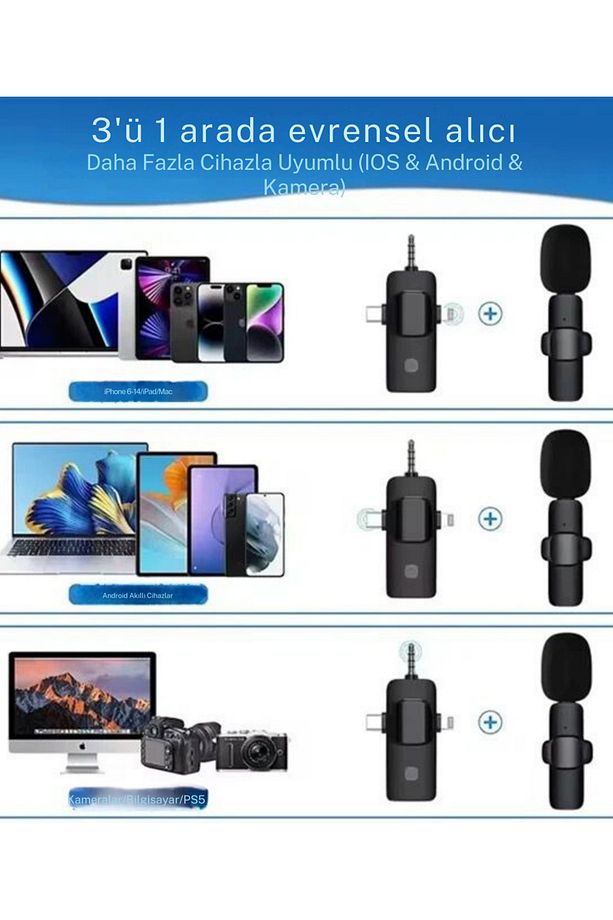 2'li Kablosuz Yaka Mikrofonu Typc /Iphone Girişli Telefon Uyumlu Wirelees Yaka Mikrofonu - 5