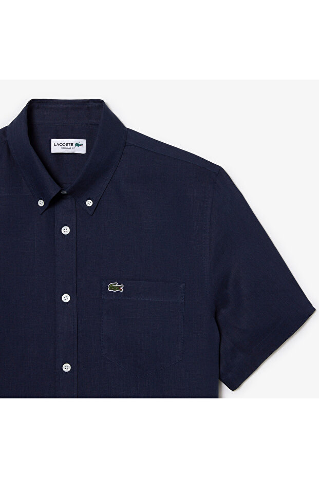 Erkek Regular Fit Kısa Kollu Düğmeli Yaka Keten Lacivert Gömlek - 6