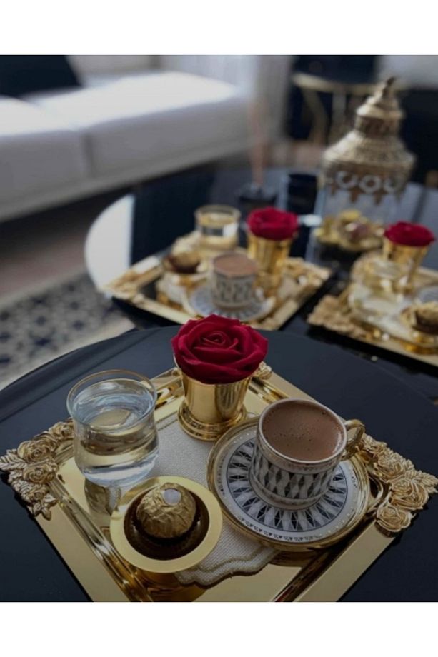 Komple Gold Detaylı 18/10 Çelik Kahve Sunum Tepsisi 4 Adet - 1
