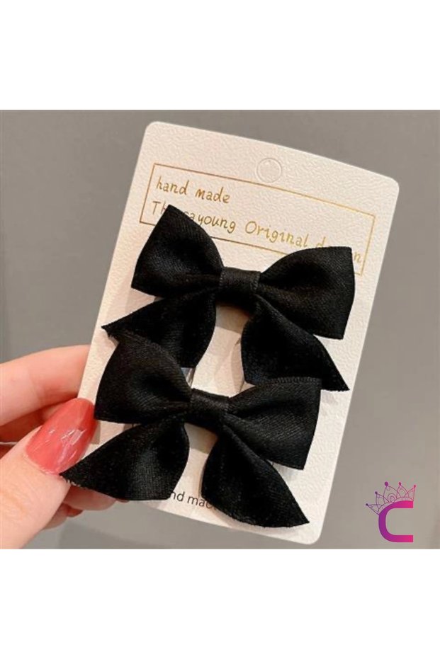 2-Piece Children's Satin Clamp Bow Hairpin Set Black - Girl's Ribbon Bow Clip Hair Clip