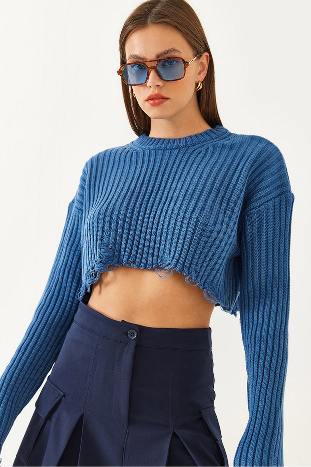 Women's Indigo Crew Neck Ripped Detailed Crop Knit Sweater 85001025