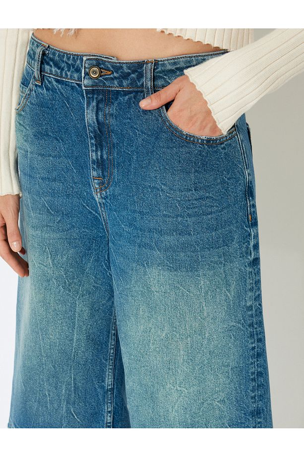 X Inji - Uzun Bermuda Denim Şort Kesik Paça Düğme Detaylı - 5