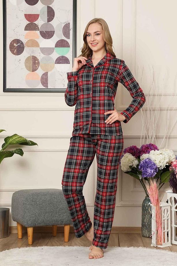 Kareli Önden Düğmeli Uzun Kollu  Pijama Takımı 2523UY - 4