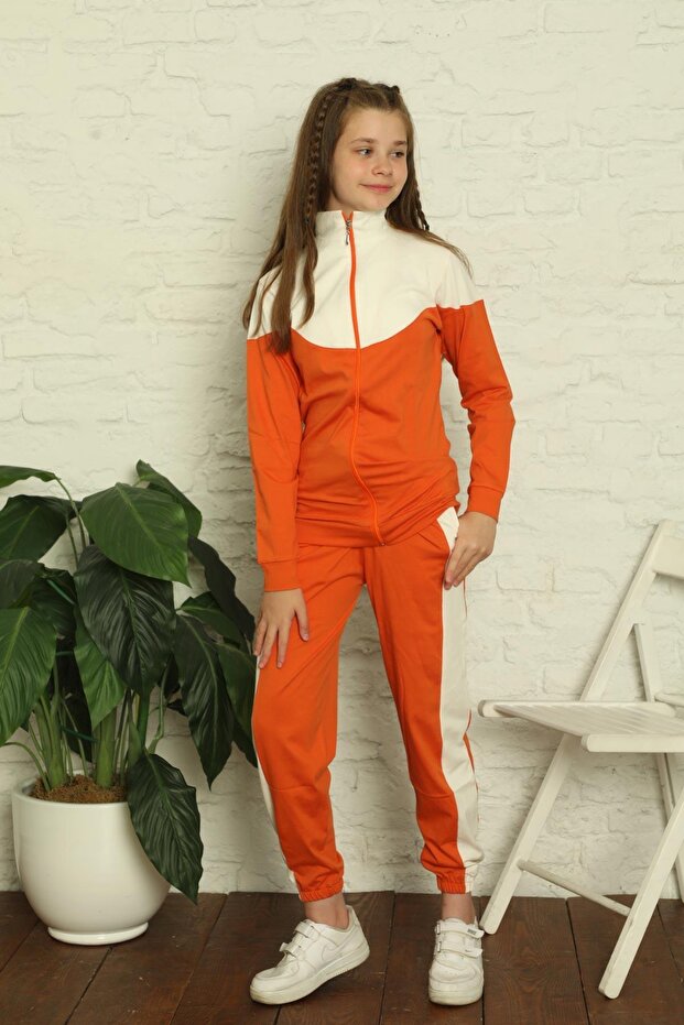 Ecru Long Sleeve Zippered Combed Cotton Children's Tracksuit 5168Uk