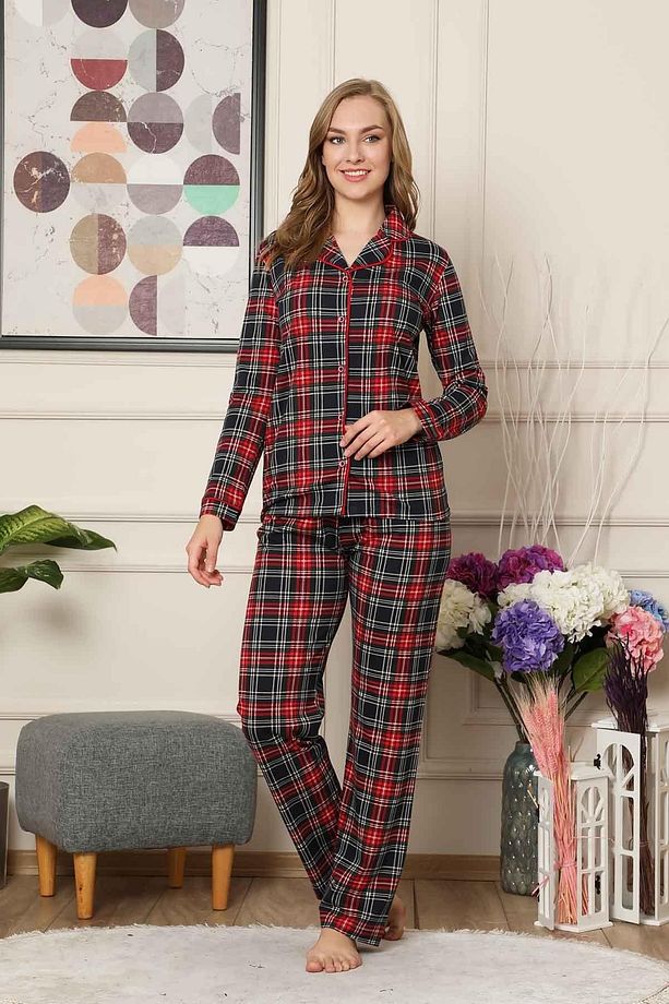 Kareli Önden Düğmeli Uzun Kollu  Pijama Takımı 2523UY - 2