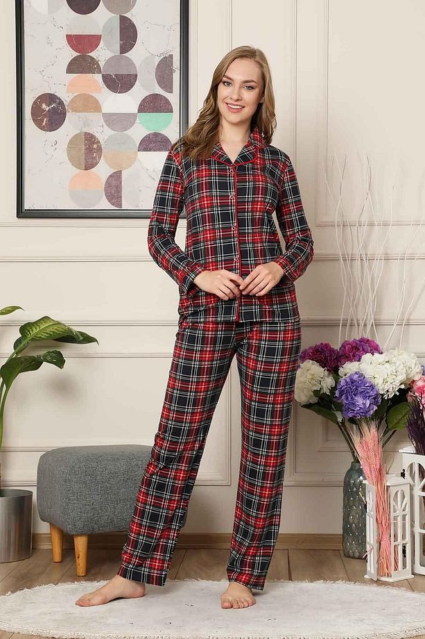 Kareli Önden Düğmeli Uzun Kollu  Pijama Takımı 2523UY - 3