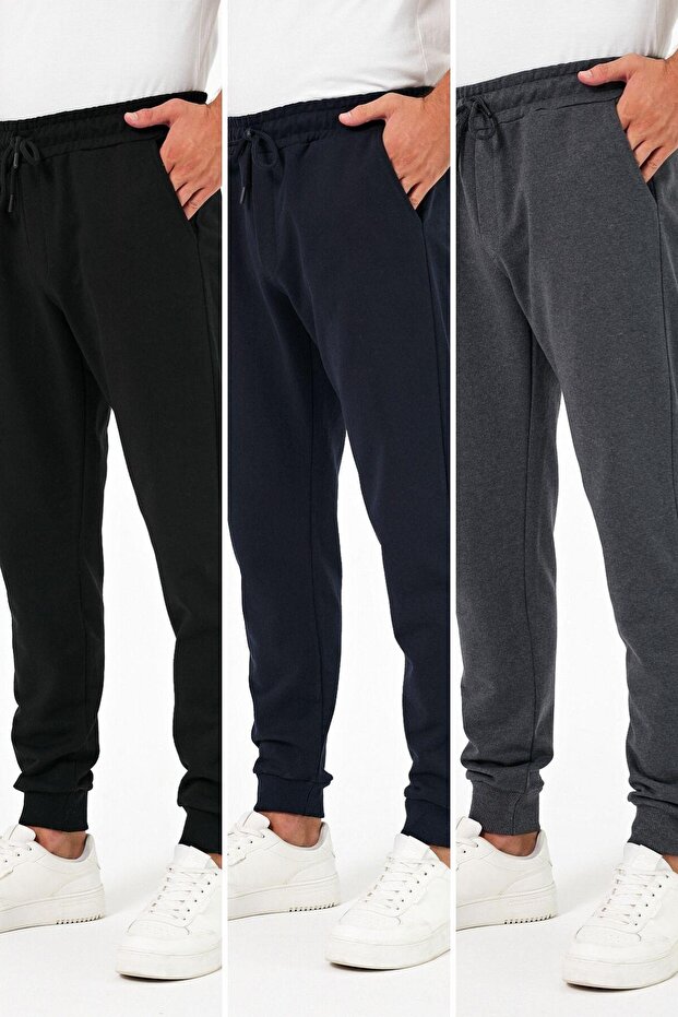 Thick Black-Navy Blue-Anthracite Men's 3-Piece Sweatpants Jogger with Back Pockets, Elastic Cuffs, Regular Fit, Without Pockets