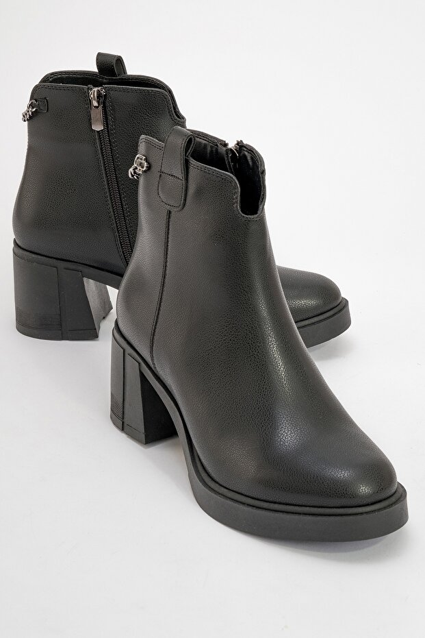 Mi̇er Black Skin Chain Detailed Women's Thick Heeled Boots